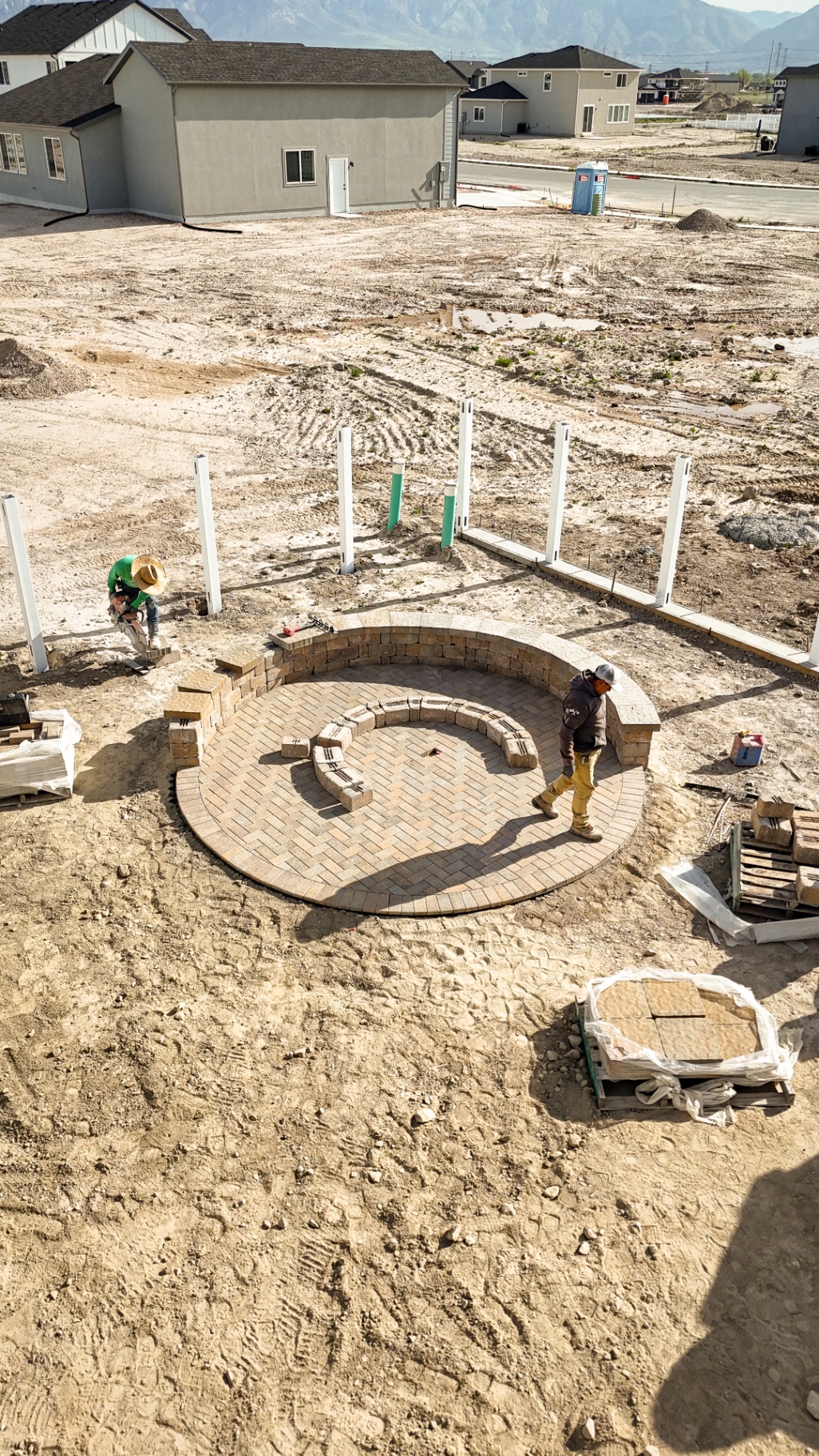 Aerial view of circular fire pit construction