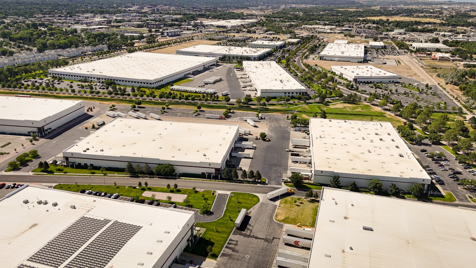 Aerial of commercial industrial park grounds maintained by Simplified Landscaping