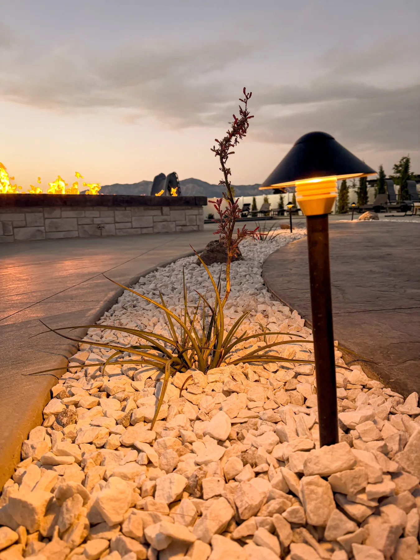 Low-voltage landscape lighting installation at dusk