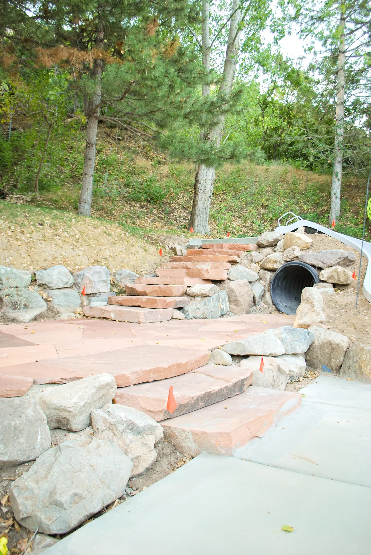Stone steps and terraced hardscape build