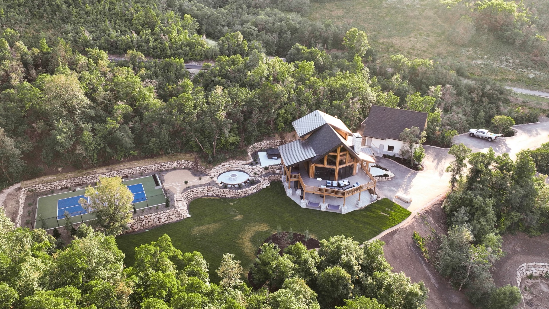 Aerial view of terraced patio and outdoor living
