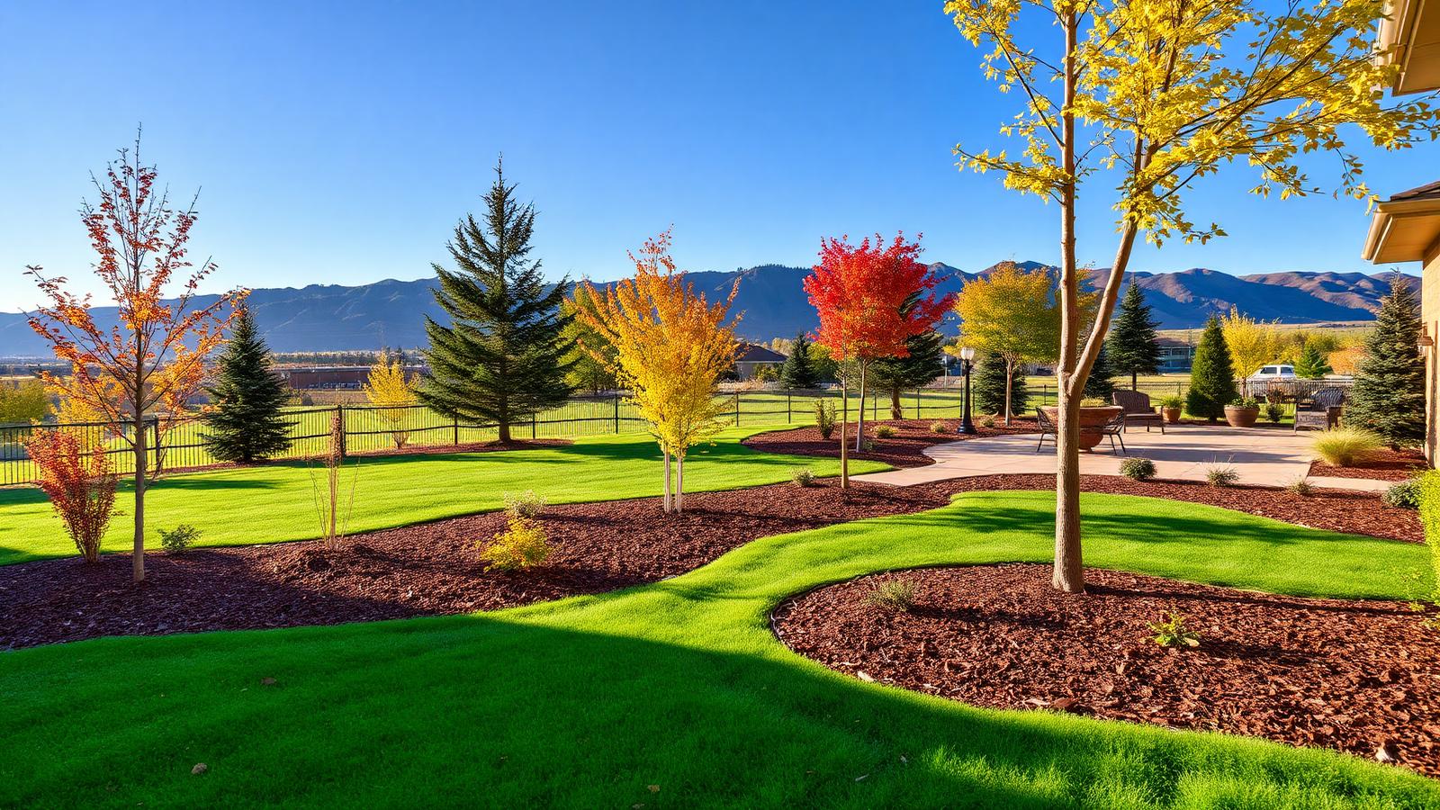 Northern Utah yard with mulched beds and healthy lawn transitioning toward fall