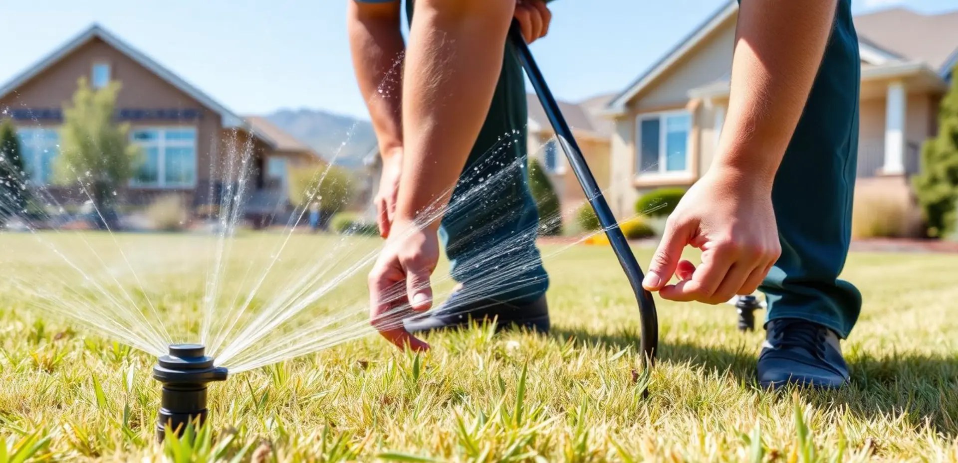 Landscaper inspecting a residential sprinkler head on a Northern Utah lawn