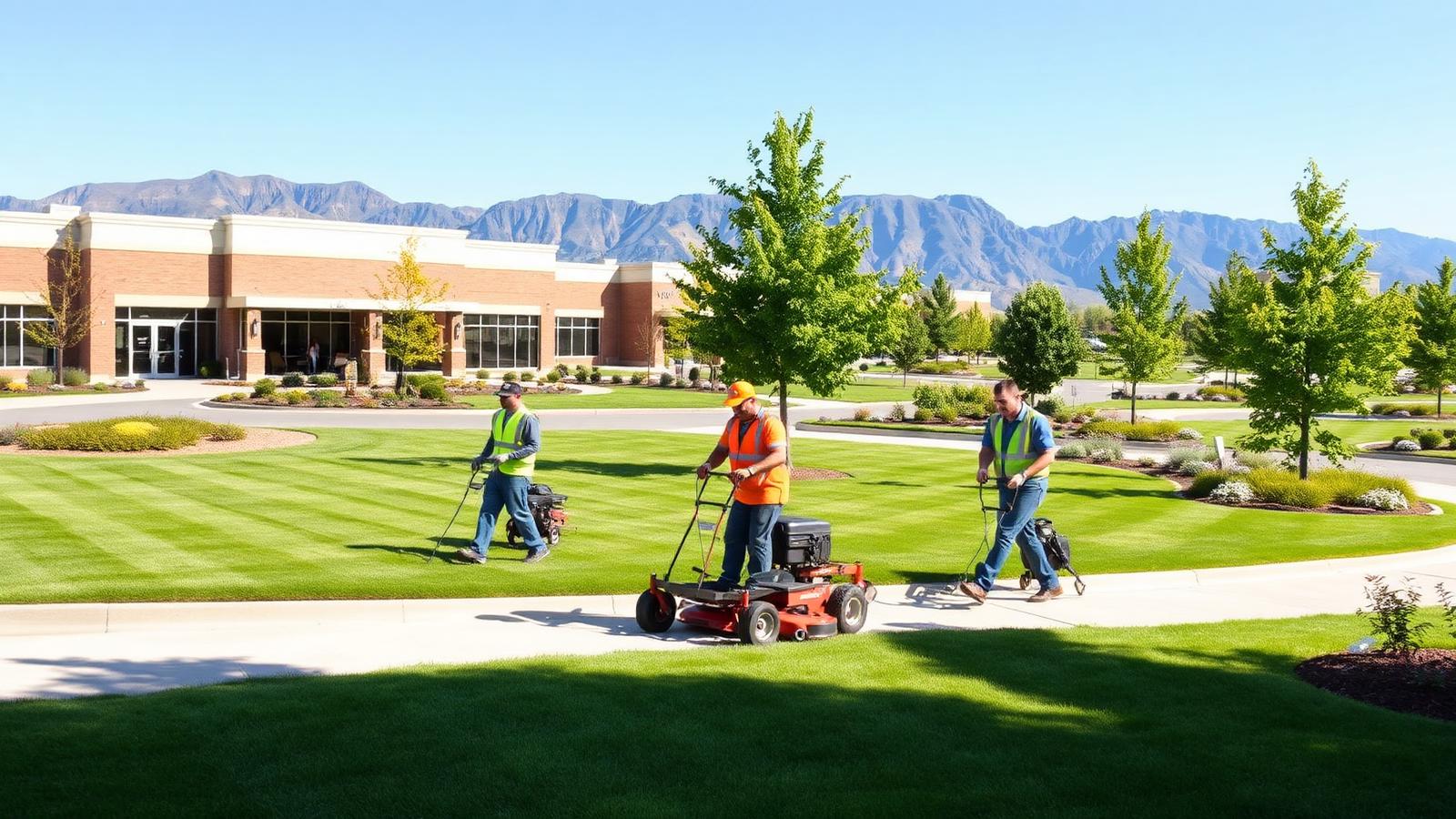 Commercial landscaping crew mowing and edging an office park in Northern Utah