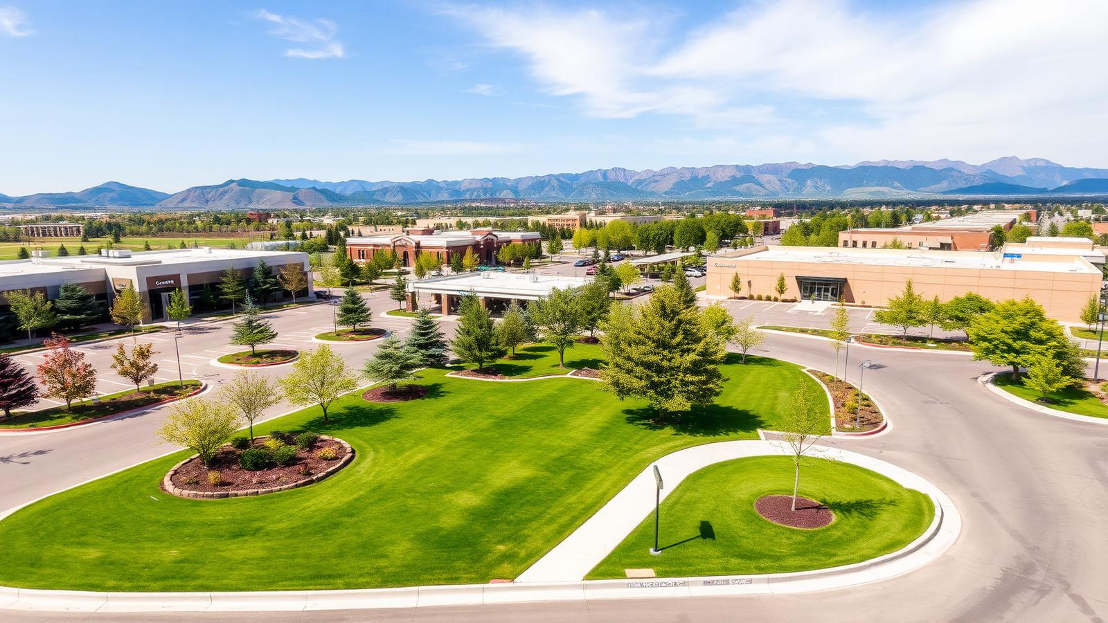 Aerial view of a professionally maintained Northern Utah commercial property with green turf and landscaped islands
