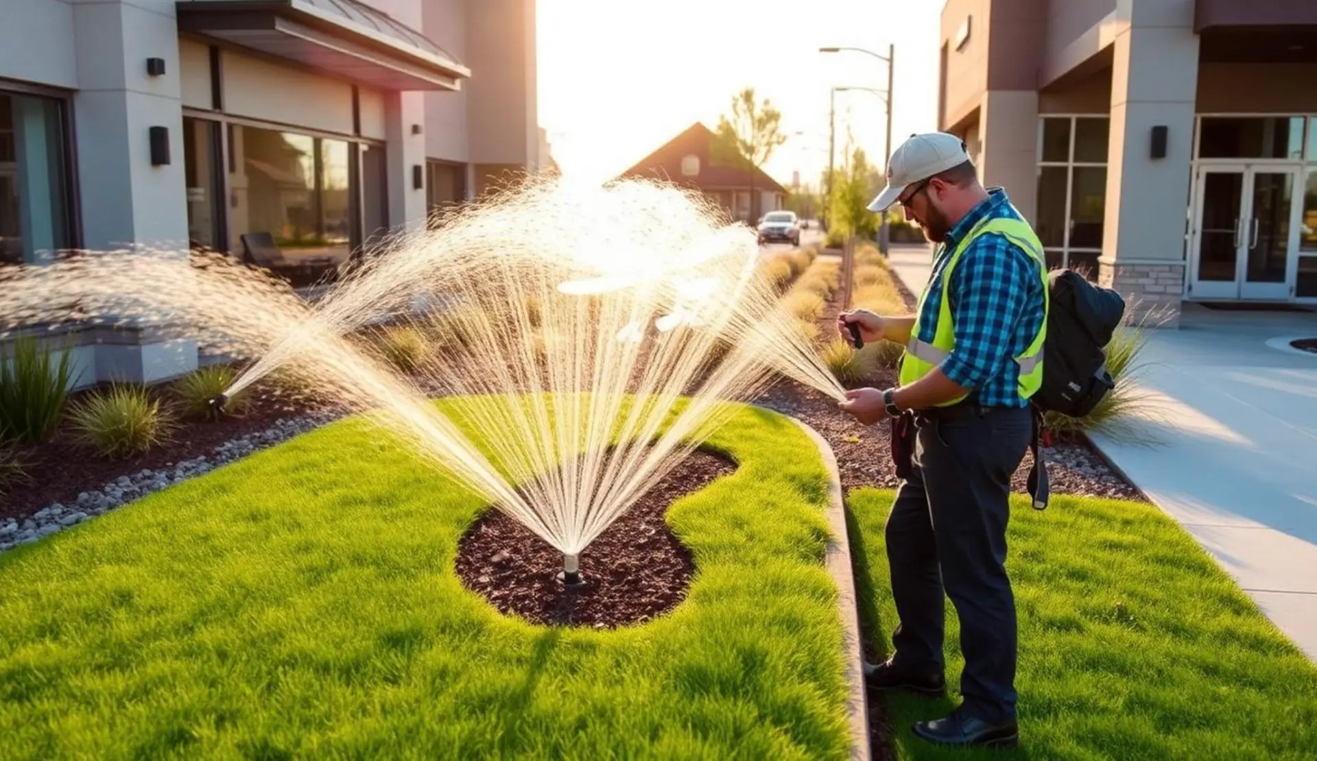 Technician inspecting commercial irrigation coverage beside a business entrance in Northern Utah