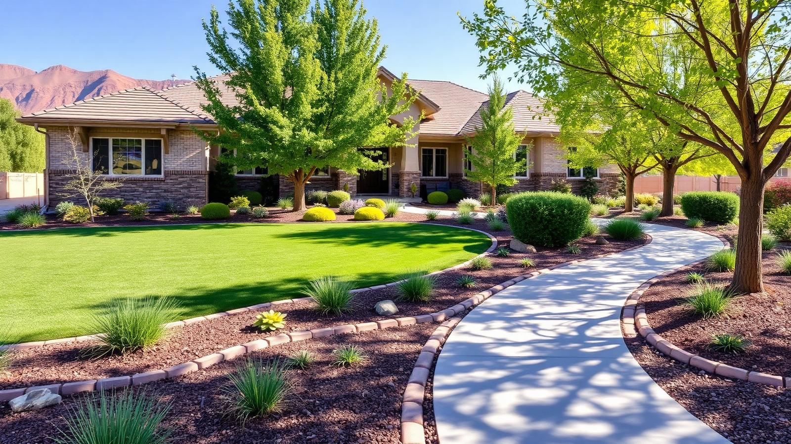 Professionally landscaped Utah home with zoned planting beds, lawn and walkway
