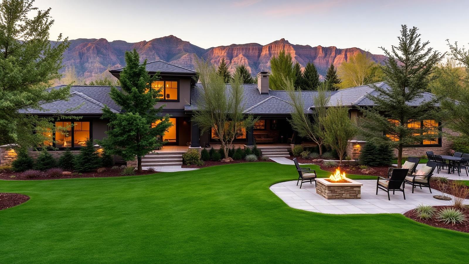 Luxury Northern Utah residential landscape with paver patio, fire pit and Wasatch Mountain backdrop