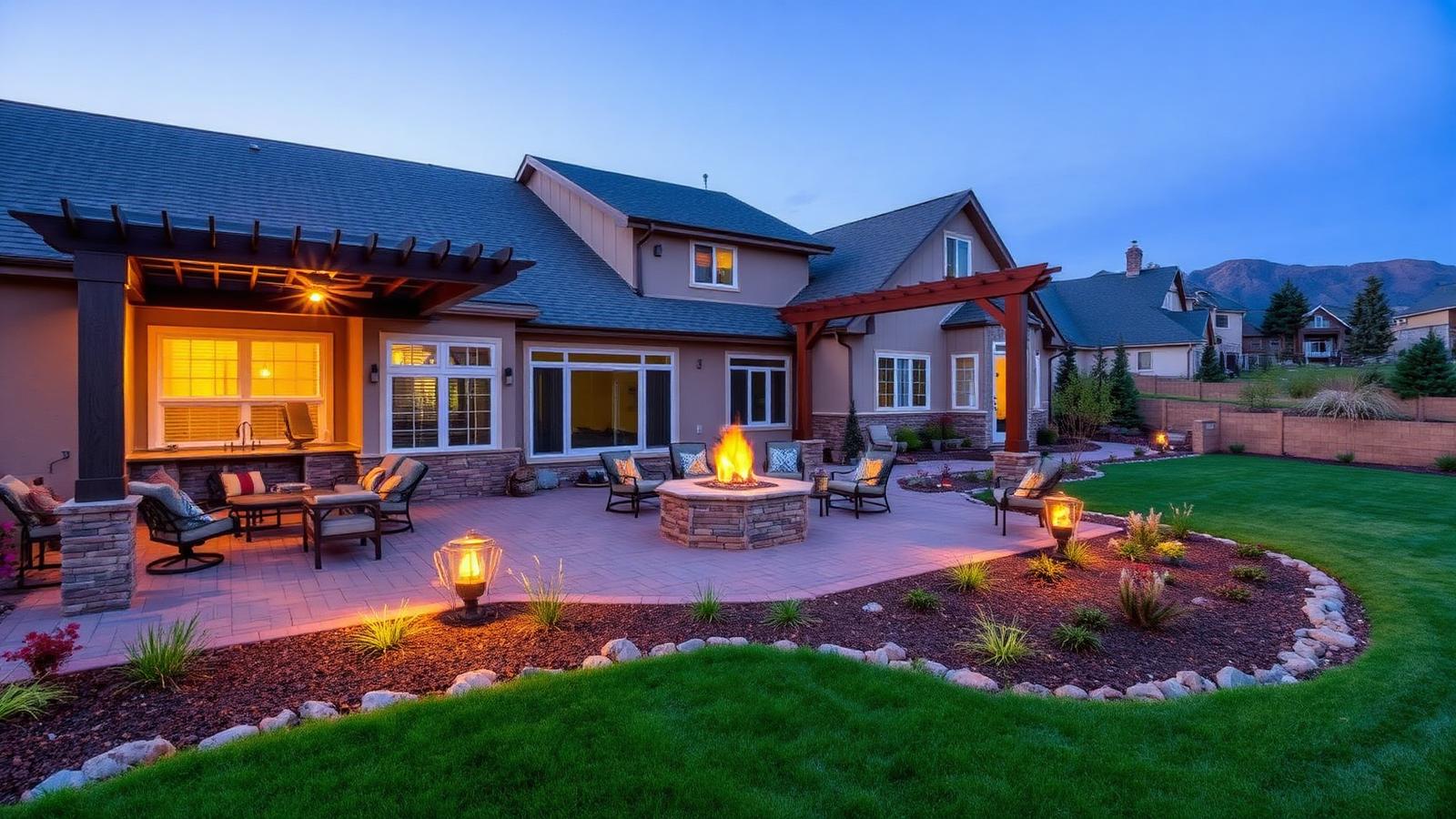 Northern Utah backyard outdoor living area with pergola, paver patio and fire feature
